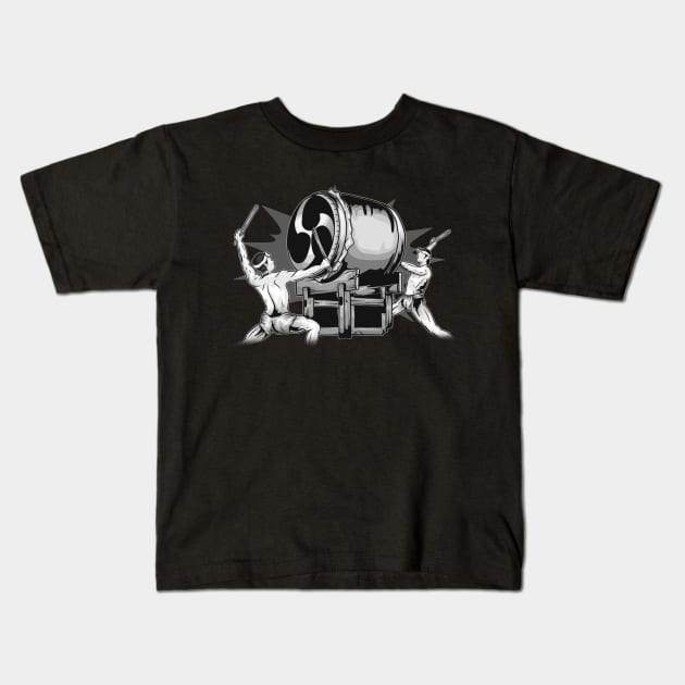 Male Taiko Odaiko Drummers Black & White Illustration Kids T-Shirt by BonnaVida